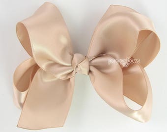 Nude Satin Hair Bow, Wedding Hair Bow, Girls Hair Bow, Flower Girl Hair Bow, Beige Dark Champagne, 4 inch Bow, Satin Bows, Big Hair Bow
