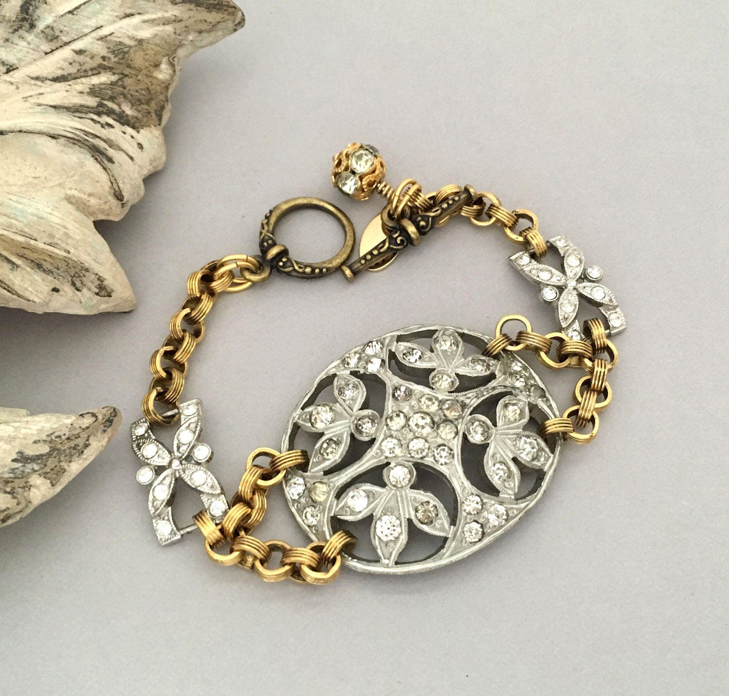 Mixed Metal Rhinestone Bracelet Vintage Repurposed Bracelet