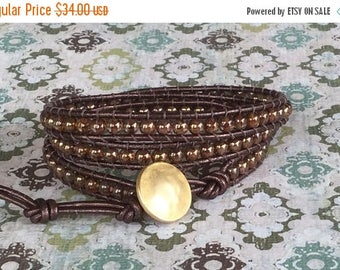 SALE Leather Wrap Bracelet Brown Leather Triple Wrap Bracelet Boho Chic Free Shipping Copper Gold