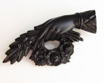 Antique Victorian Gutta Percha Mourning Hand Roses Brooch