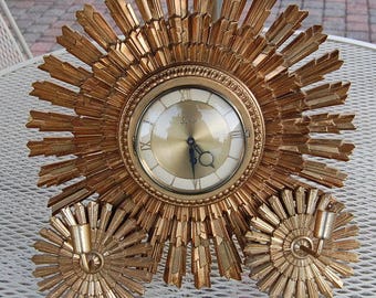 Starburst Syroco Wood Wall Clock & Sconce Mid Century Modern Atomic MCM Made In USA Vintage 60's
