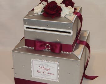 Silver and Burgundy WeddingCard Box /White accents with Rhinestones/Flowers