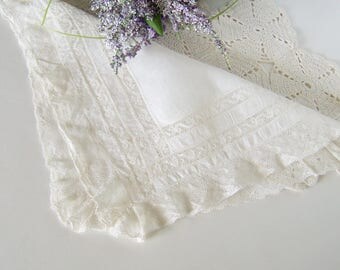 Lace Wedding Handkerchief in Ivory, Heirloom Quality Bridal Hanky with Lace Insertions and Edging, Something Old Wedding Shower Gift