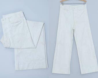 1940s Sailor Pants US Navy WWll White Cotton High Waisted Flared Leg Pant 32 x 28