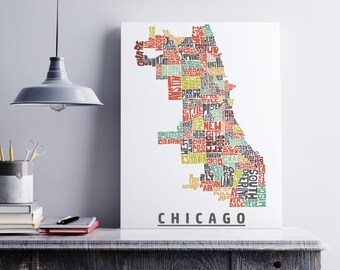 Chicago Canvas Art, Typography Map Art Formed from Chicago Neighborhoods, Chicago Wall Decor, Stretched Gallery Wrap Canvas Print