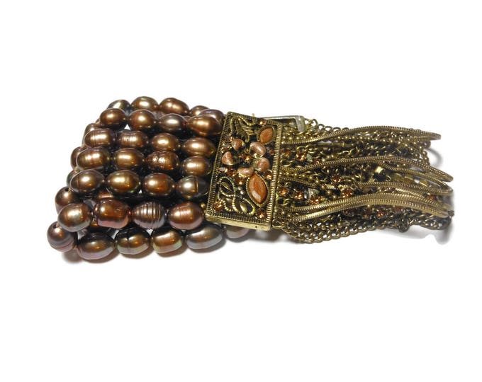 FREE SHIPPING Multi strand cultured pearl bracelet, 6 strand pearl, 16 strand gold chain stretch bracelet, decorative rhinestone rootbeer