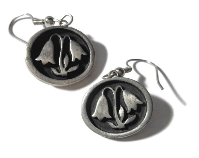 FREE SHIPPING Swedish pewter tulip earrings, raised pewter flowers on black enamel over pewter oval, marked Sweden, french hook dangles drop
