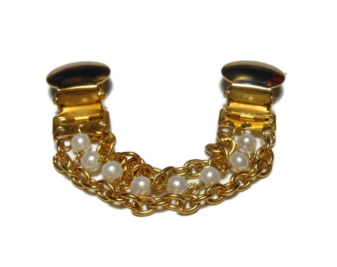 Pearl sweater guard, 1950s 1960s faux pearl sweater clip, pearl and chain sweater protector,