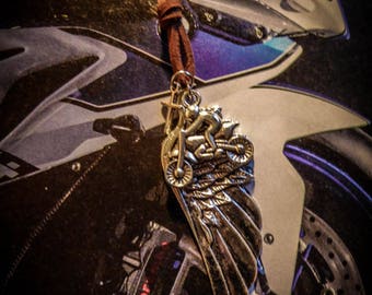 Silver steampunk "Motorcycle" leather necklace