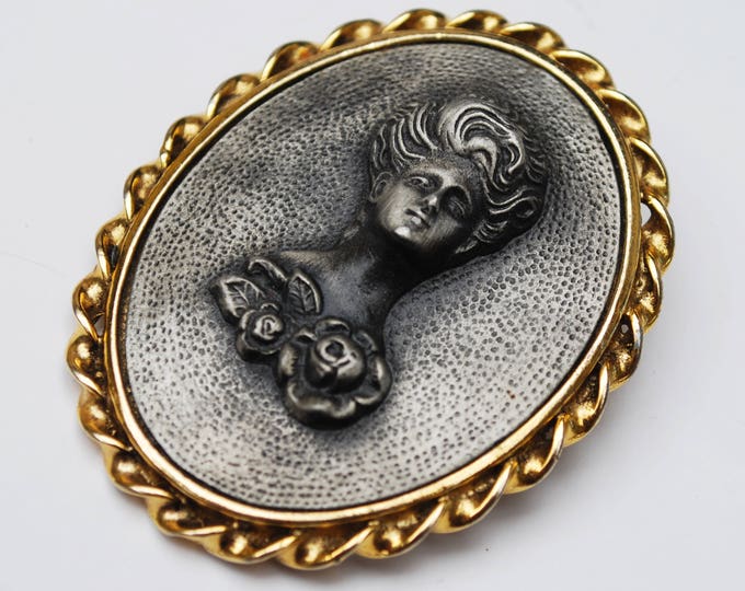 Raised Metal Cameo Brooch - Pewter rasied womenprofile - Gold metal - repousse grey metal Pin