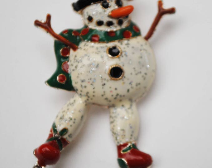 Christmas Snowman Brooch - skatng Frosty snow man - Christmas in July - CIJ - Holiday PIn