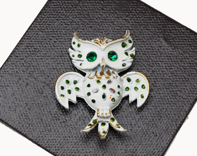 Owl Brooch - White Enamel - Green Rhinestone- Mid Century figurine bird pin