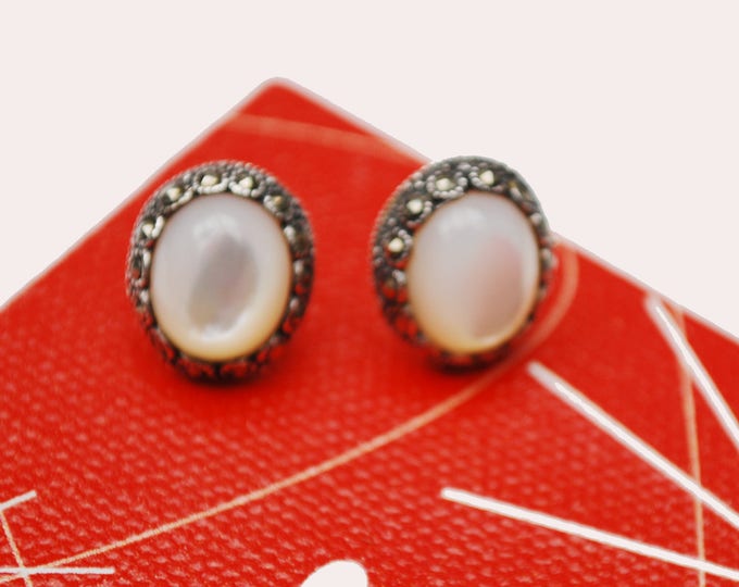 White Polished Moonstone earrings - in Oval sterling silver Marcasite setting pierced stud earring