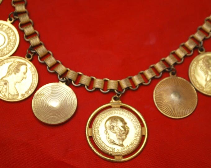 Miriam Haskell Coin Necklace earring Set - Gold roman Coins - Dangle pierced earrings - Book chain link - Brassy gold link necklace