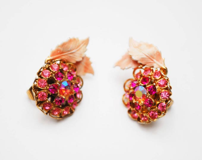 Pink Rhinestone Earrings - Enamel leaf - Flower floral - Mid Century - clip on -Aurora Borealis