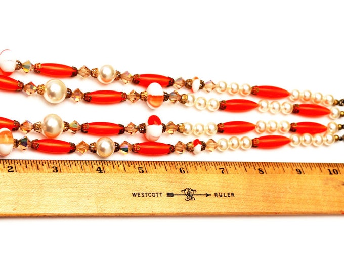 orange white bead necklace earring set - Lucite plastic - crystal glass - pearls - Mid century