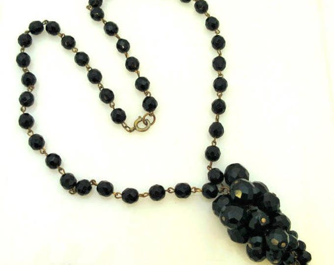 Black Grape Cluster Necklace - Facet Cut Glass beads - mid century