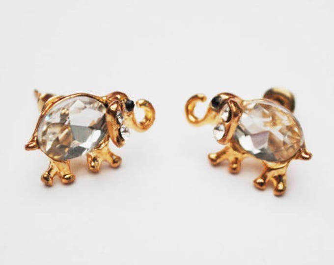 Elephant Stud Earrings - Clear crystal Rhinestone - Gold figurine pierced earrings