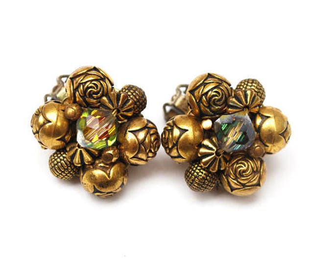 Brass Bead cluster earrings - Aurora Borealis crystal bead - Clip on earring