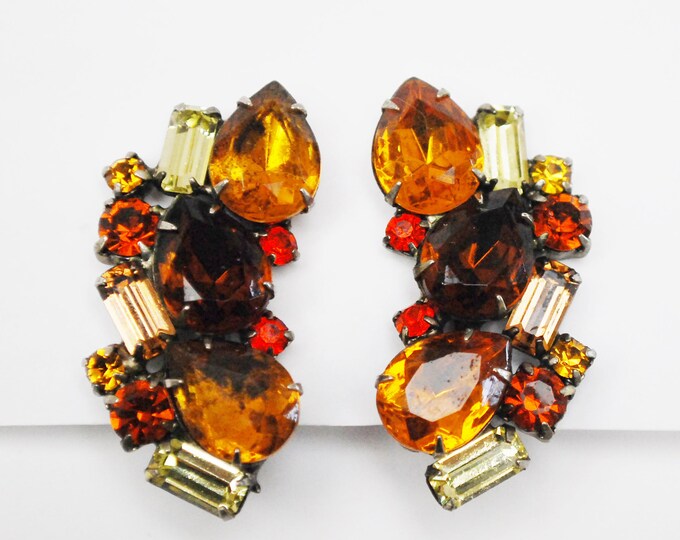 Rhinestone Climbing earrings - Amber brown yellow Orange crystal - Fall autumn colors -Mid century large clip on earrings