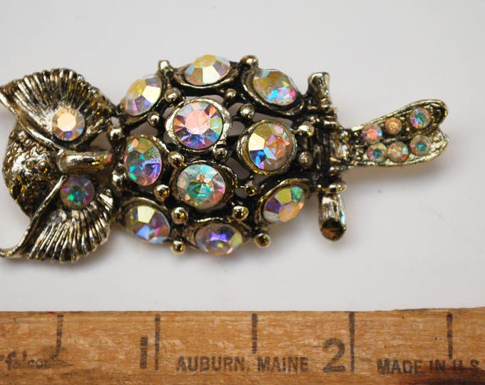 Owl Rhinestone brooch -Aurora Borealis - Crystal light Gold - figurine pin