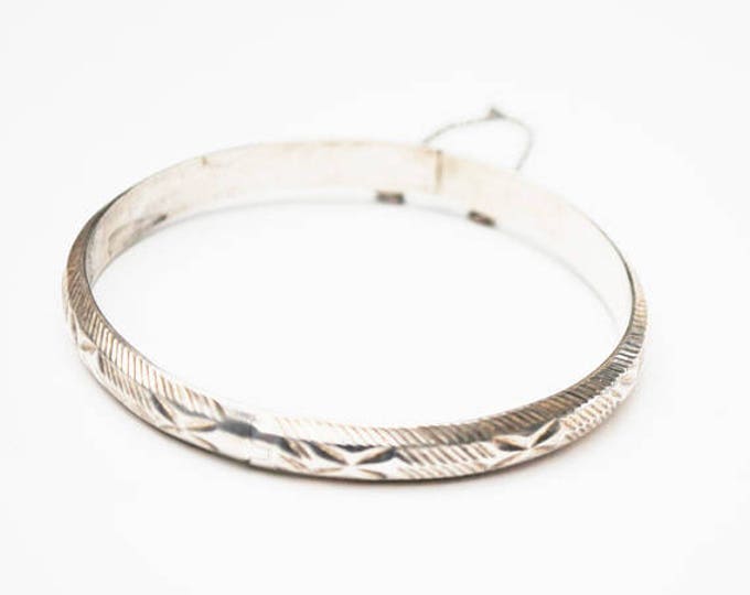 Sterling Silver Bracelet - Hinge Bangle - etched floral design - safety chain