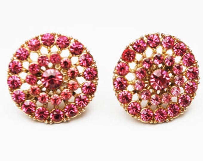 Coro Rhinestone Earrings - Pink Round - mid century - screw back Earring - Gold plated metal