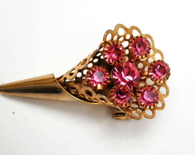 Pink Rhinestone Flower Brooch - Flower bouquet -gold wrap - -Floral Spray pin