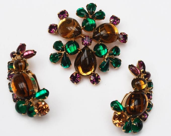 Cabochon Flower Brooch earring set -Topaz brown green Purple Glass - Gold plated metal - Climber earring -Mid Century - clip on earrings