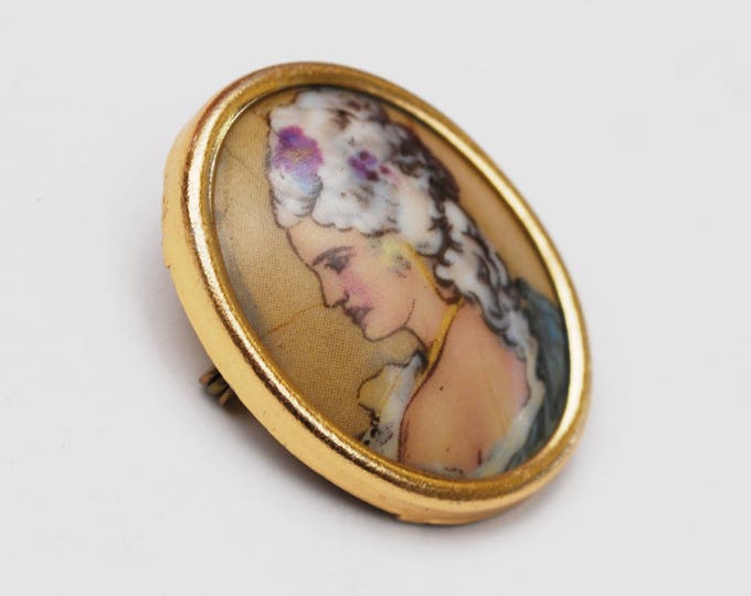 Hand Painted Porcelain Brooch - Limoge FRance Signed - Cameo Women Profile- Gold Frame - Antique Victorian - trombone Clasp pin