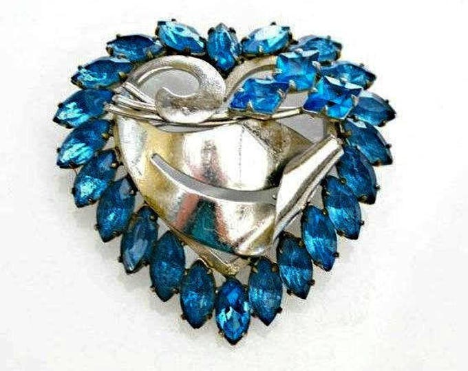 Blue Heart Brooch - Rhinestone - open back - silver - mid century pin -light bluish crystal