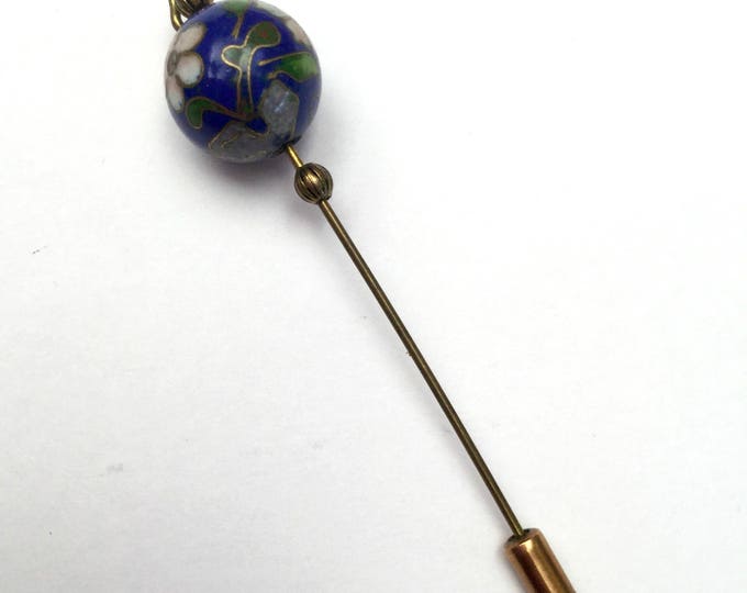 Blue Cloisonne Bead Stick Pin - Floral enameling - brass stick pin