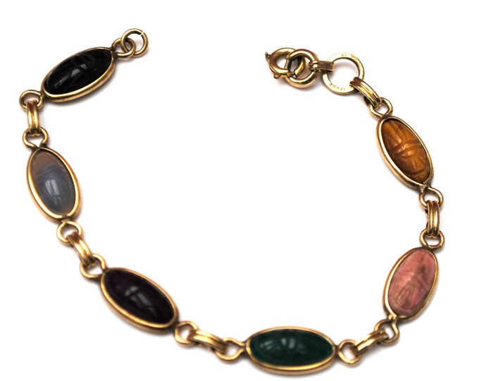 Gemstone Link Scarab Bracelet -12 kt gold Filled - signed Sojar - Egyptian Revival - Beetle - tiger eye -agate -onyx -Jasper