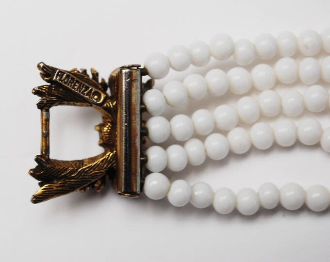 Florenza Bracelet - White milk glass beads - AB rhinestone crescent - beaded bracelet