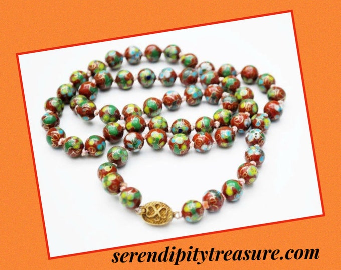 Cloisonne flower Bead Necklace - Rust Red Brown beads green blue gold - Enameling - Hand knotted beads -Asian Chinese