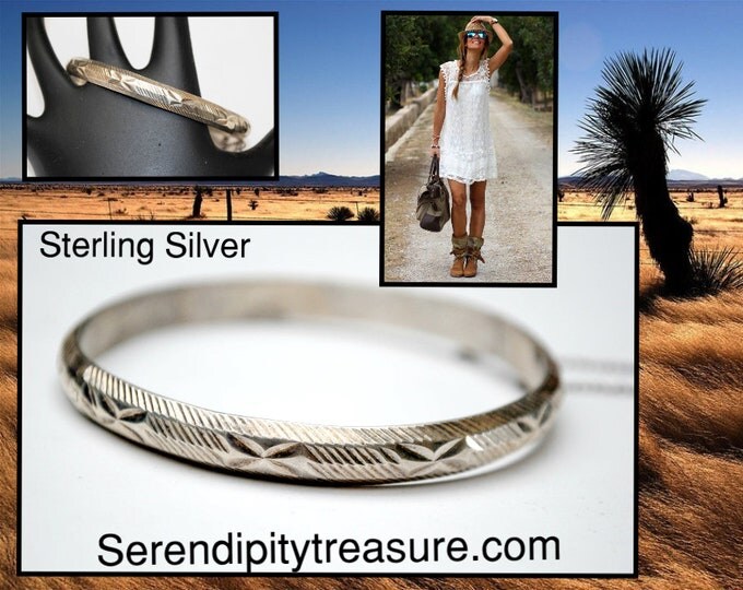 Sterling Silver Bracelet - Hinge Bangle - etched floral design - safety chain