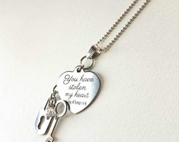 Stainless Steel heart Song of Songs 4:9 Christian Love lock and Key You have stolen my heart song of songs Lady Wife Girlfriend gift