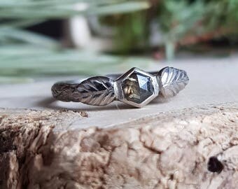 Honey Grey Hexagon Rose Cut Diamond in 14k White Gold Twig Ring with Leaves - Handmade Engagement Ring with Grey Salt and Pepper Diamond