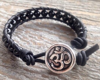 XMAS IN JULY black tourmaline om beaded leather wrap bracelet for root chakra unisex men women october birthstone birthday