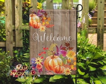 Welcome Fall Garden Flag - Home Decor - House Warming - Yard Flag - Weathered Wood - Fall Pumpkins - Autumn Welcome Flag