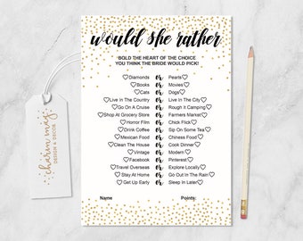 Would she rather game. Bridal Shower Games. Bridal Party Game. Party Printable Instant Download. Gold Confetti BRSG003