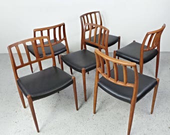 set 6 mid century Danish modern restored JL Moller #83 teak black leather dining chairs