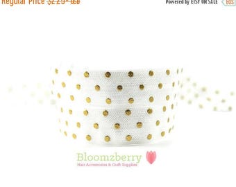 Summer SALE 10% OFF 5/8" PRINTED Fold Over Elastic -White Gold Dots - Gold Polka Dots Elastic -Printed Elastic - White Elastic - Hair Access