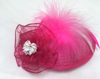 Pink Fascinator, Pink Cocktail Hat, Tea Party Hat, Pink Feather Fascinator