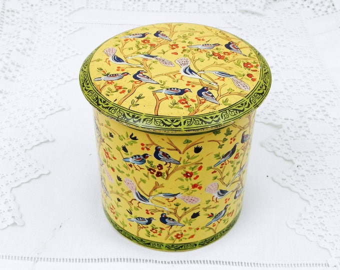 Vintage Yellow Persian Bird and Foliage Style Pattern Round Metal Tin, Retro Cookie Tin with Parrots and Peacock Motif on Yellow with Green