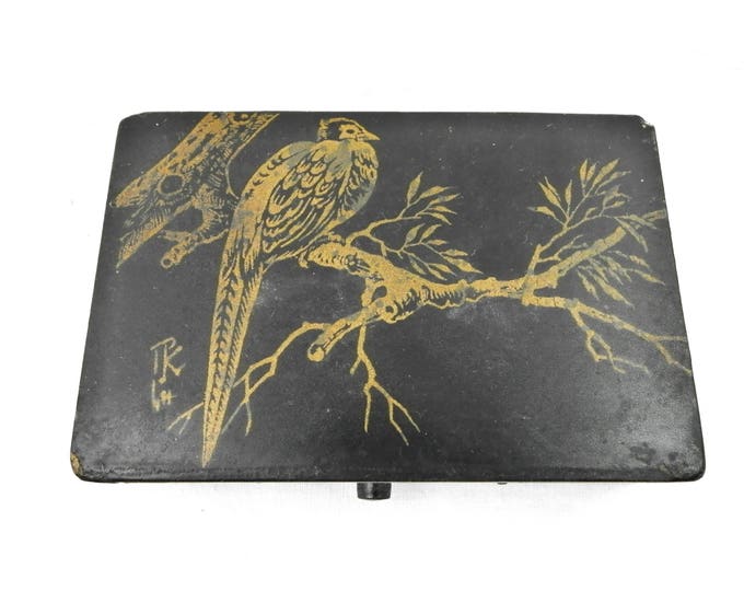 Antique Napoleon III / 3 Black Lacquer and Gold Gilt Carton Bouilli / Papier Mache Playing Card Box Signed by Artist Featuring a Pheasant