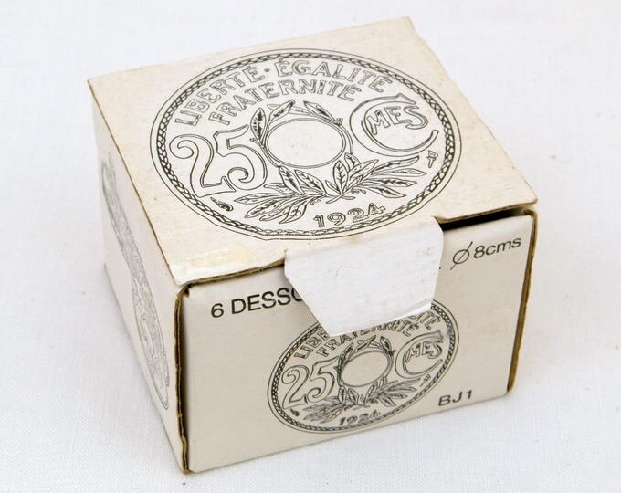 6 Vintage Cast Metal Coasters for Drinking Glasses Shaped as 1924 French Coins with Original Box, Retro Wine Glass Coaster from France 6 Vintage Cast Metal Coasters for Drinking Glasses Shaped as 1924 French Coins with Original Box, Retro Wine Glass Coaster from France