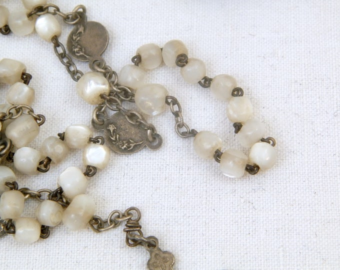 Antique French Mother of Pearl / Nacre Rosary Beads with Silver Plated Crucifix and Leather Pouch, Catholic Payer Beads, St Christopher