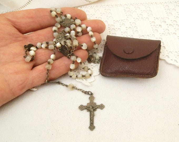 Antique French Mother of Pearl / Nacre Rosary Beads with Silver Plated Crucifix and Leather Pouch, Catholic Payer Beads, St Christopher