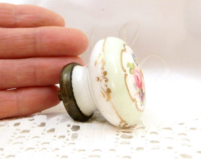 Vintage White Porcelain and Brass Hand Painted Floral Pattern with Mint Green and Gold Gilt Boarder Furniture Pull Handle / Knob